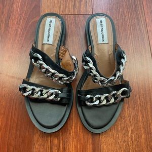 Jessica Buurman Black Leather Silver Chain Slide Sandlas Size FR 38